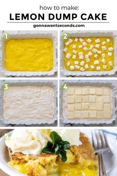 how to make lemon dump cake with step by step instructions on the top and bottom