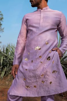 Buy Purple Kurta Chanderi Silk Hand Embroidered Lotus Kingdom Set For Men by Runit Gupta Online at Aza Fashions.