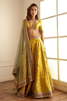 Shop for Studio Iris India Yellow Banarasi Silk Zari Embroidered Border Lehenga Set for Women Online at Aza Fashions Plain Yellow Lehenga For Haldi, Pastel Banarasi Lehenga, Ladies Sangeet Outfit For Bride, Shaadi Outfits, Lehenga Yellow, Studio Iris, Wedding Fits, Haldi Dress, Desi Vibes