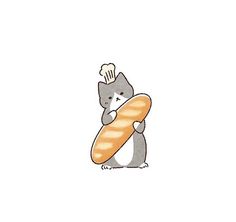 a drawing of a cat holding a large piece of bread