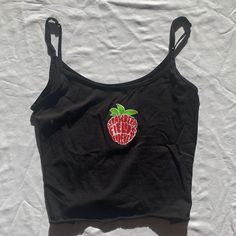 Strawberry Fields Forever Crop Top, Never Worn. Purchased Off Etsy. Super Cute Top, Can Fit Xs/S. Black Y2k Summer Crop Top, Black Letter Print Crop Top For Summer, Black Summer Tops For Streetwear, Trendy Black Tank Top, Cute Black Cotton Tank Top, Trendy Urban Outfitters Tank Top For Summer, Black Trendy Tank Top For Summer, Trendy Black Summer Tank Top, Trendy Black Tank Top For Summer