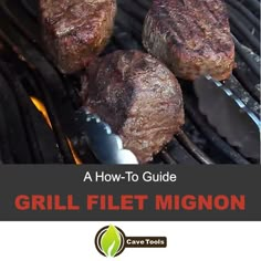 three steaks being grilled on the grill with text overlay that reads how to guide