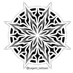 a black and white drawing of an intricate design in the shape of a snowflake