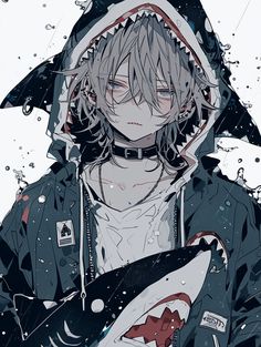 an anime character wearing a shark mask and holding a knife in his hand with water splashing around him