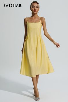 Spend a cozy weekend at the beach in our Helena Yellow Vacation Slip Maxi Dress! Rayon and textured jacquard fabric compose this maxi dress. The hollow tie at the back and the high waist design outline the figure curve to the extreme. You can wear it to a beach vacation or to an important dinner. Pair with a pair of sandals for a casual look. --Dress Length: Approx 120cm --Materials: Polyester --Model is 5 ft 74 and wears size S Maxi Sundress For Beach Daywear, Maxi Length Sundress For Beach Daywear, Summer Maxi Beach Dress For Daywear, Solid Summer Midi Dress Lined, Solid Summer Midi Dress With Lining, Solid Lined Midi Dress For Summer, Vacation Midi Dress With Spaghetti Straps And Lining, Summer Daywear Unlined Maxi Dress, Solid Color Beachwear Dresses For Day Out