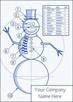 a blueprinted snowman with numbers on it