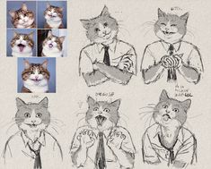 some drawings of cats in suits and ties with their mouths open while one cat looks at the camera