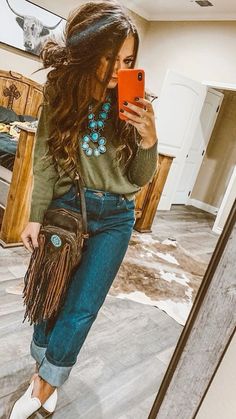 western fashion   • western outfit  • punchy outfit  • rodeo outfit  • western fall outfit  • western school outfit  • western date night outfit  • turquoise jewelry  • western nails  • western jeans  • flare jeans  • western shoes  • western style  • long hair hairstyles Western Boho Outfits, Boho Western Outfits, Rodeo Outfits