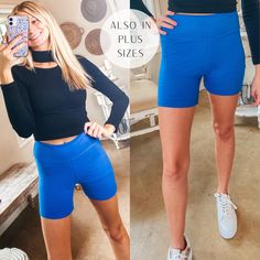 These adorable biker shorts will have all eyes on you when you make it to the finish line! They include a thick band waist, high rise fit, and an 8 inch inseam. Pair these with a sweatshirt or an oversized graphic tee and you'll be set! Victoria is wearing the size O/S. Size Suggestions: One Size: 2-10 Plus Size: 12-16 Fabric Content: 92% Polyester 8% Spandex Care Instructions: Hand wash, cold. Do not bleach. Hang to dry. SKU: 213678 Trendy Activewear With Built-in Shorts Mid-thigh Length, High-waisted High Stretch Biker Shorts For Spring, High Stretch High-waisted Biker Shorts For Spring, Trendy Athletic Shorts With Built-in Shorts For Sports, Blue High Stretch Casual Shorts, Trendy High-waisted Athletic Shorts For Sports, Trendy Blue Activewear For Streetwear, Trendy High Stretch Sports Shorts, Trendy High Stretch 2-in-1 Shorts