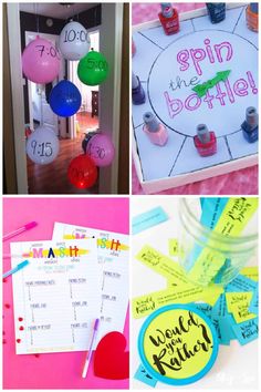 four different pictures with writing on them and balloons in the middle one has words that read spin the bottle