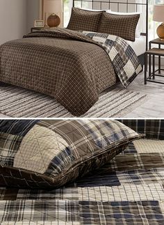 two pictures of the same bed with different pillows and covers, one in brown and blue plaid