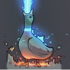 a white duck standing in front of a blue and red light with lightning coming out of it's back