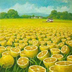 an oil painting of lemons in a field