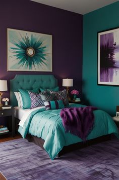 a bedroom with purple and teal colors on the walls, blue bedding and pillows