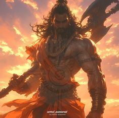 a man with long hair holding two swords in front of a sunset