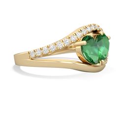 Bold and beautiful, this lab emerald and  ring in 14K Yellow Gold will catch every eye in the room. Elegant curves embedded with {diamondcarats} surrounding a gemstone heart made from the two gems of your choice. Create a eye-catching, meaningful keepsake by choosing the birthstones of yourself and your loved ones. Green Diamond Heart Cut Ring, Heart Cut Emerald Ring With Diamond, Elegant Emerald Heart Cut Rings, Elegant Heart Cut Green Emerald Ring, Elegant Green Emerald Heart Cut Ring, Elegant Green Heart Cut Emerald Ring, Heart Cut Green Emerald Ring For Formal Occasions, Green Heart Cut Emerald Ring For Formal Occasions, Elegant Green Heart Cut Diamond Ring