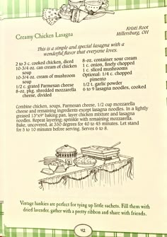 an old recipe book with instructions on how to make chicken lasagna for dinner