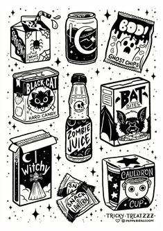 an ink drawing of various types of food and drink bottles with the words, i love you