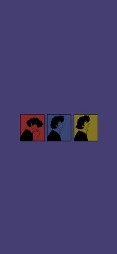 the silhouettes of three people in different colors on a purple and blue background are shown