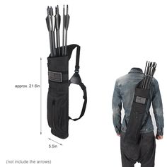 an image of the back of a man with arrows in his backpack and measurements for how to use it