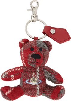 Graphic wool tweed keychain in red. · Jacquard check pattern throughout · Keyring and grained leather tab at top · Lobster-clasp fastening · Logo embroidered at face · Logo-engraved silver-tone hardware · H6 x W5 x D1.75 Supplier color: Red Teddy Bear Keychain, Red Teddy Bear, Red Textiles, Vivienne Westwood Red, Bear Keychain, Face Logo, Silver Engraving, Handbag Wallet, Wallet Accessories