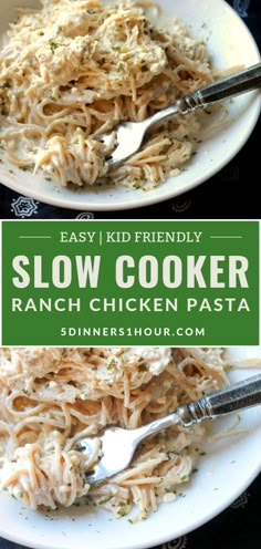 two plates filled with slow cooker ranch chicken pasta