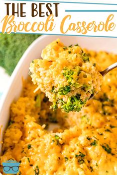 broccoli casserole in a white dish with a spoon