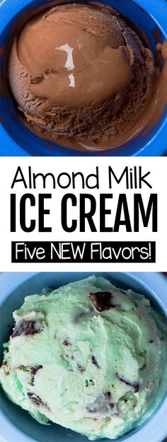 an ice cream dessert in a blue bowl and on a white plate with the text almond milk ice cream five new flavors