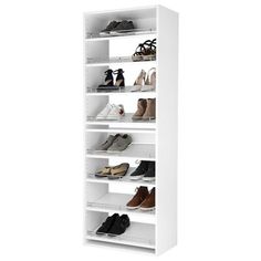 a white shoe rack filled with lots of shoes