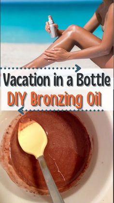 Getting a deep dark tan taking a dip in the pool or lake, or walking through the beach is a dream of many. This Vacation in a Bottle - DIY Bronzing Oil is quite the light formula to create and work with, and it will be particularly nice to use this Summer. This DIY Bronzing Oil Recipe is so easy to make and apply. Get tanned skin without sunburnt with this amazing DIY tanning oil. Diy Suntan Lotion How To Make, How To Make A Self Tanner At Home, Coffee Tanning Lotion Diy, Diy Tan Accelerator, Home Made Tanning Lotion Diy, Tanning Hacks Outdoor, Diy Tanning Chair, Homeade Tanning Spray, How To Make Tanning Lotion