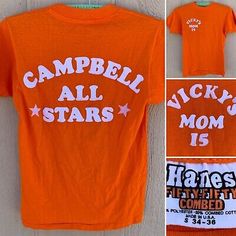 vintage Campbless ALL Stars Vicky’s Mom 15 iron on lettering t-shirt 70s 80s S | eBay 70s Summer Camp, Wagon Ideas, 70s Summer, Fifty Fifty, Iron On Letters, Vintage Clothing Men, Letter T, Retro Shirts, Summer Camp