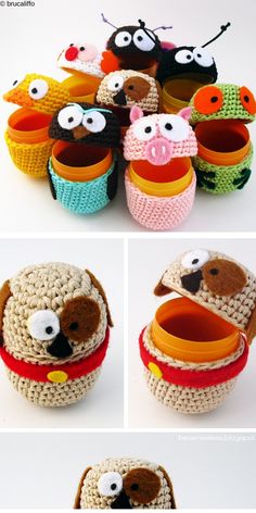 crocheted baskets with faces and eyes are shown in three different positions, one is empty