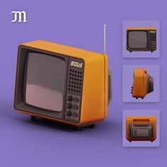 an orange and black tv sitting on top of a purple surface