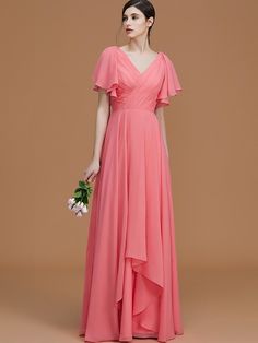 V-Neck Elegant Short Sleeves Chiffon Bridesmaid Dresses Watermelon Bridesmaid Dress, Dresses Long Elegant, Modern Bridesmaid Dresses, Bridesmaid Dresses With Sleeves, Bridesmaid Dresses Long Chiffon, Chiffon Bridesmaid Dresses, Bridesmaid Dresses Online, Chiffon Bridesmaid Dress, Long Bridesmaid Dresses