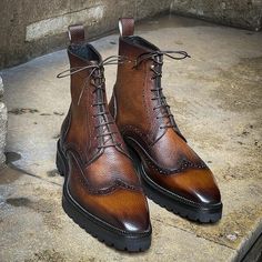 Dark Brown Patina Leather Wingtip Ankle High Lace up Boot on Storenvy Brown Casual Boots, Ankle Lace Up Boots, Gents Shoes, Quality Leather Boots, Big Men Fashion, Gentleman Shoes, Custom Design Shoes, Awesome Shoes, Men’s Boots