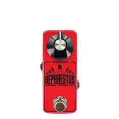 a red guitar pedal with the words, hephaestus on it's face