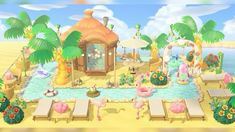 an animated beach scene with flamingos and palm trees