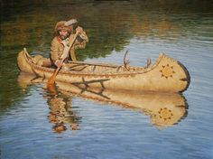 a painting of a man in a canoe on the water