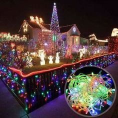 christmas lights on houses and trees in the night with an image of a large house