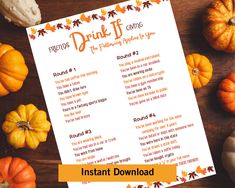 a printable drink list with pumpkins and gourds around it on a wooden table