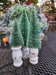 two white vases with small trees in them on a metal table outside near other potted plants