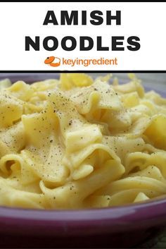 a purple bowl filled with pasta covered in cheese and seasoning next to the words, amish noodles