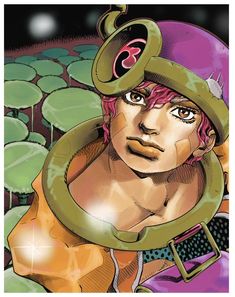 an image of a man with pink hair wearing a helmet and holding a snake around his neck