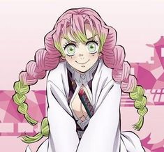 an anime character with pink hair and green eyes sitting on the ground in front of a pink background