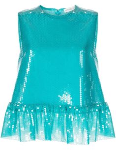 turquoise blue-green sequin embellishment bow detailing round neck concealed rear zip fastening sleeveless ruffle hem Blue Sequin Top, Embellished Crop Top, Teal Shirt, Sleeveless Peplum Top, Crazy Outfits, Green Sequins, Sequin Tank Tops, Sequin Top, Ruffle Hem