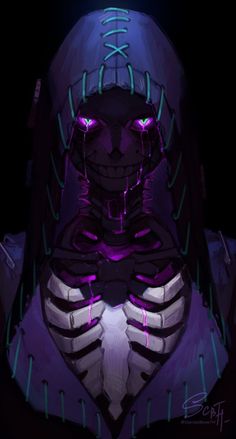 a digital painting of a skeleton with neon lights on it's face and chest