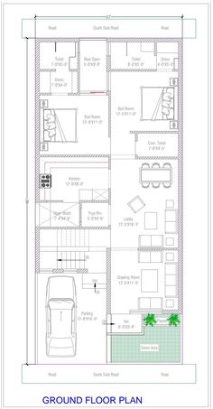 the ground plan for a two story house with an attached garage and living room area