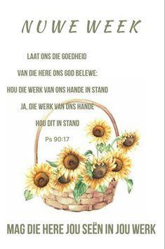 a card with sunflowers in a basket and the words, now we week