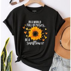 Sunflower Black Tee Round Neck Slight Stretch New Regular Fit Machine Wash Various Sizes Available - Everything Is Fine, Graphic Tees Women, Plus Clothing, Black Tee, Summer Women, Neck T Shirt, Tshirt Print, Casual Shorts, Sunflower