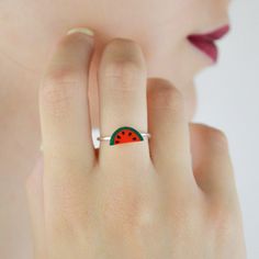 Tiny Watermelon Ring, Dainty Fruits Watermelon Ring, Minimalist Silver Ring, Multicolor Small Delicate Ring, Art Deco Ring, Gift For Her Handmade multicolor fruit earrings. ✨Weight: 1,3gr  ✨Dimensions: 11x6mm The handmade creations that you buy from Noah Concept are delivered in ♻️ eco friendly boxes with the brand name on the top. If you want to wrapped as gift please let us know. We create our pottery with much love and care. Don't forget that happiness is a handmade job. Last but not least, w Summer Stackable Jewelry As Gift, Stackable Jewelry As Summer Gift, Trendy Open Ring Summer Jewelry, Adjustable Metal Ring Jewelry For Summer, Trendy Open Ring For Summer, Summer Toe Ring Jewelry Gift, Summer Toe Ring Jewelry As A Gift, Minimalist Summer Ring Jewelry, Minimalist Open Ring Jewelry For Summer